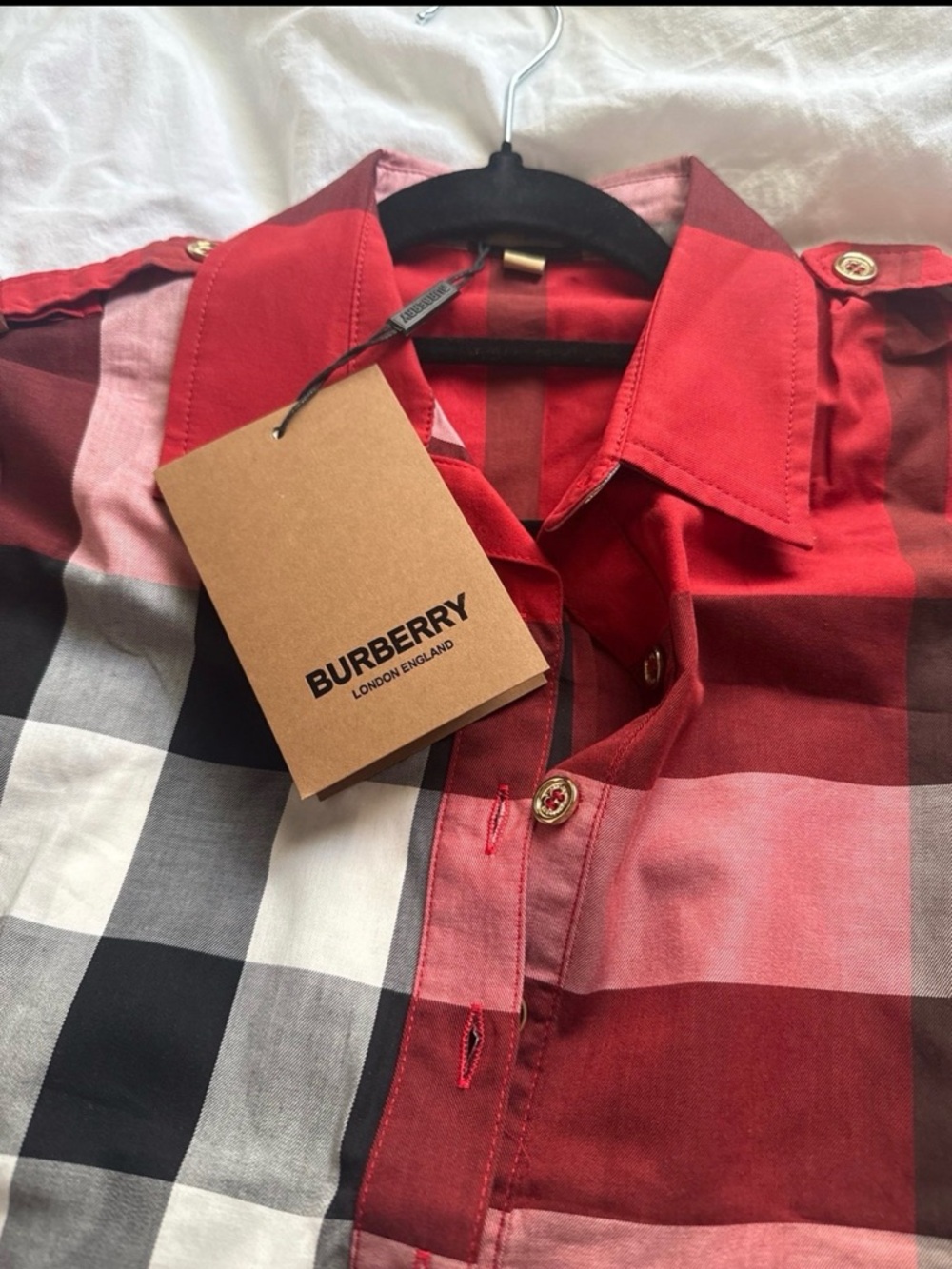 Burberry Red Black White Plaid Button-Front Tunic - Picture 4 of 4